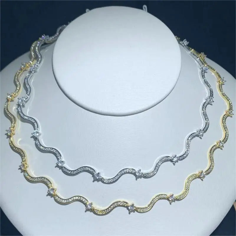 Trendy Geometric Wave Shape Cz Tennis Necklaces for Women Paved White Cubic Zirconia Brass Gold and Silver Color Fashion Jewelry