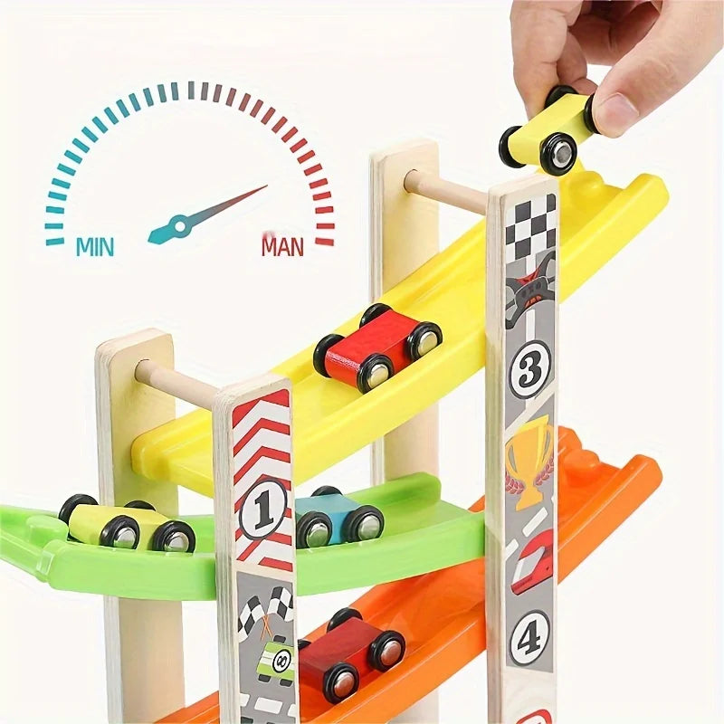 Children's Educational Track 4-Layer Wooden Gliding Car Coasting Racing Car Slide Racing Fun Track Car Educational Toy