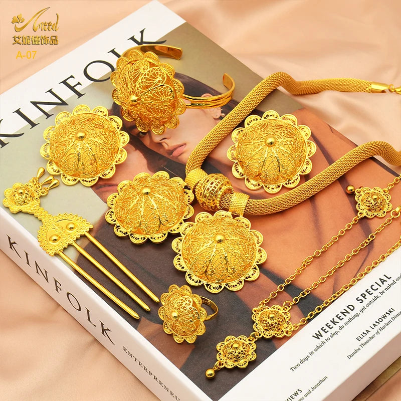 ANIID Ethiopian Gold Color 6pcs Jewelry Sets For Women Dubai Flower Shape Nigerian Luxury Necklace Jewellery Set Wedding Gifts