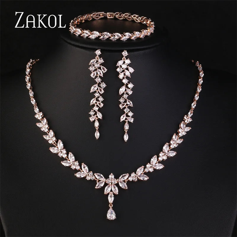 ZAKOL Luxury Brilliant Zirconia Leaf Necklace Earrings Rings Bracelets Set for Women CZ Drop Bridal Wedding Jewelry Sets New