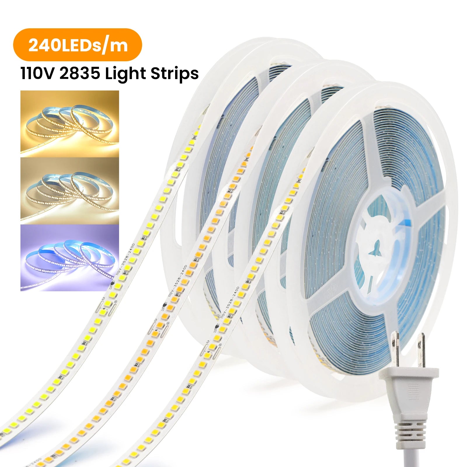 AC 220V 110V LED Strip 240Leds/M IP44 10CM Cut Home Decor Warm/Natural White Self Adhesive Flexible Ribbon Stripe Chain Light
