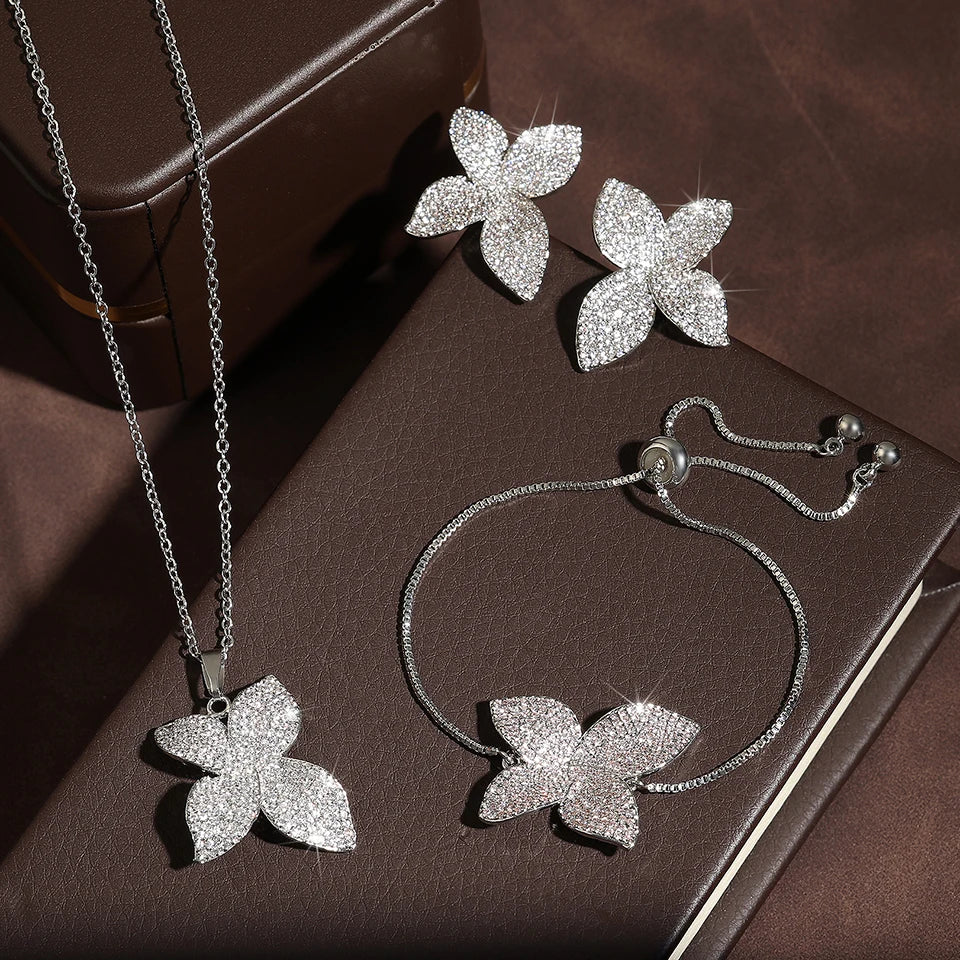 ZAKOL Luxury Micro Pave Setting Cubic Zirconia Leaf Earrings Ring Bracelet Necklace Gorgeous Dubai Jewelry Set For Dinner Party