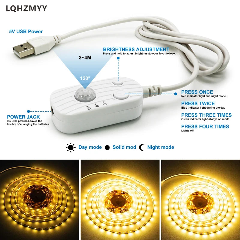 Suspended bed sensor LED light strip, low voltage 5V, USB powered, 1m to 20m, can be cut to any length, with a human body sensor switch that turns on when someone approaches. Night mode/day mode/constant light mode, su