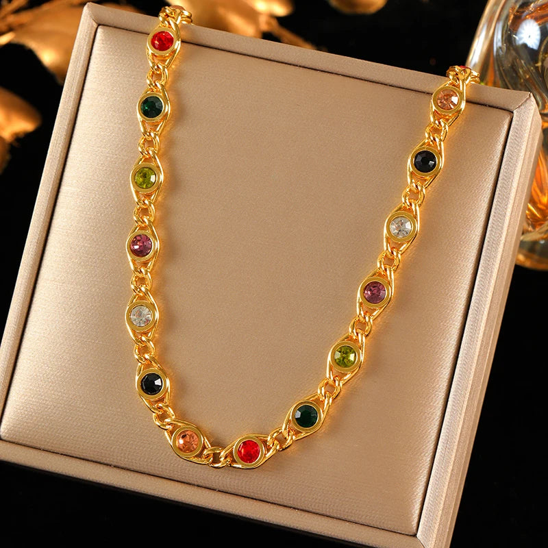 EILIECK 316L Stainless Steel Metal Colored Zircon Chain Necklace Bracelet Set For Women Fashion Statement Waterproof Jewelry