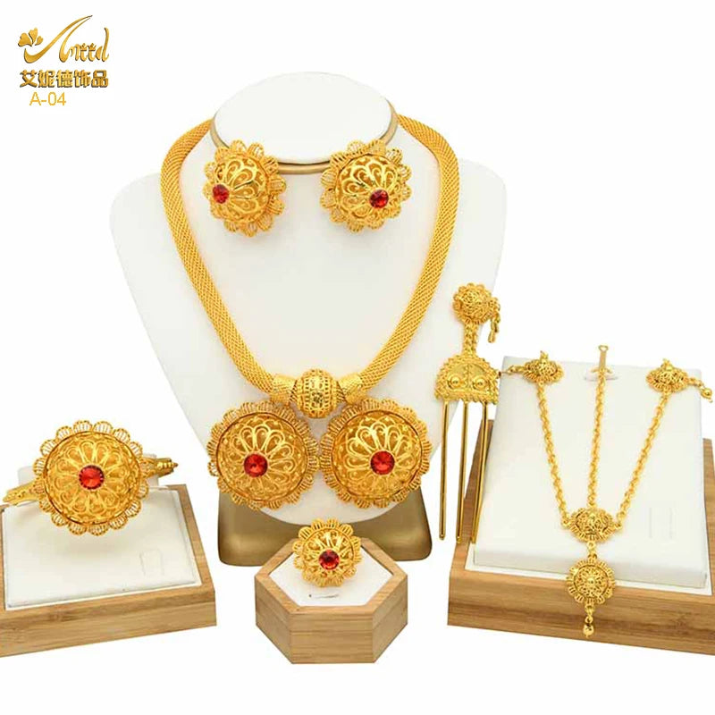 ANIID Ethiopian Gold Color 6pcs Jewelry Sets For Women Dubai Flower Shape Nigerian Luxury Necklace Jewellery Set Wedding Gifts