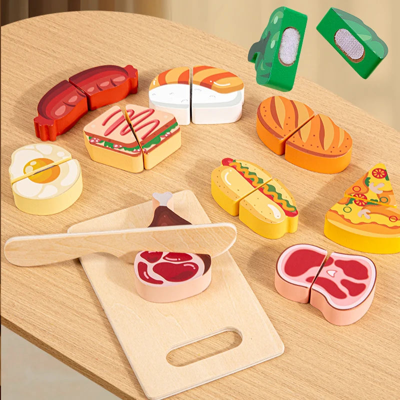 1pc Wooden Kitchen Pretend Play Food Cutting Toy with Storage Bag Suitable for Children 18 Months and Up