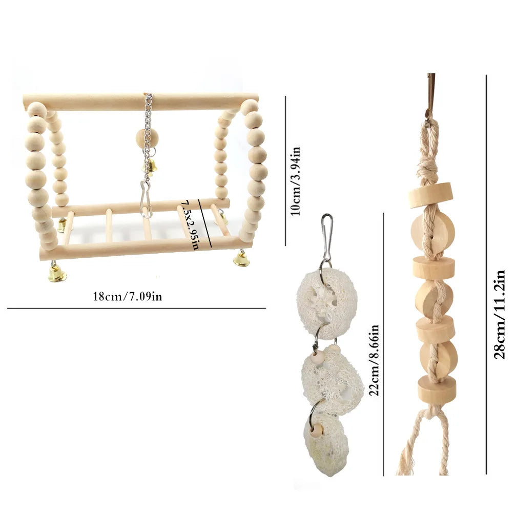 Combination Bird Toys Set Swing Chewing Training Toys Small Parrot Hanging Hammock Parrot Cage Bell Perch Toys with Ladder Toys