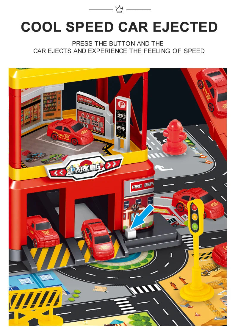 Kids Racing Track with Mini Cars Sliding Parking Lot Toys Multi-Storey Car Parking Fire Police Engineering Vehicle Boy Xmas Gift