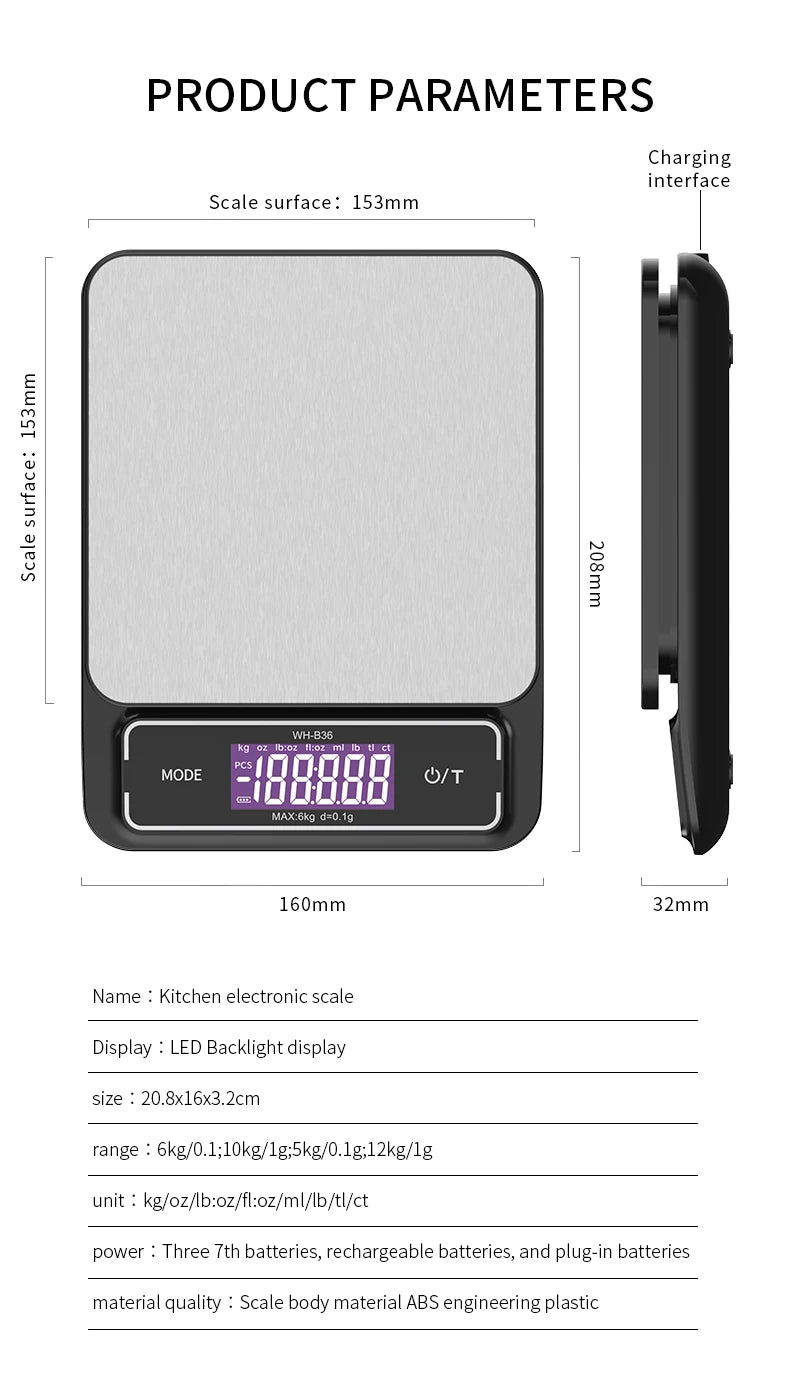 6kg/0.1g 10kg/1g Digital Electronic Kitchen Scale LCD Display Fully Waterproof Stainless Steel Measuring Weighing Baking Tool