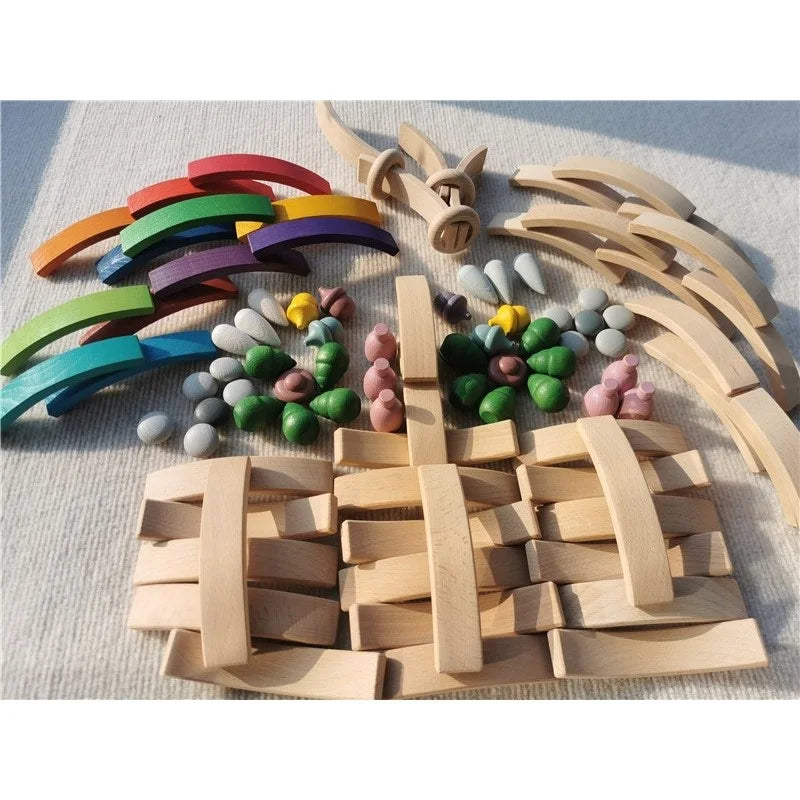 New Beech Wood Arch Stacking Blocks Rainbow Bending Wooden Building Timber Toys Set for Kids Creative Play