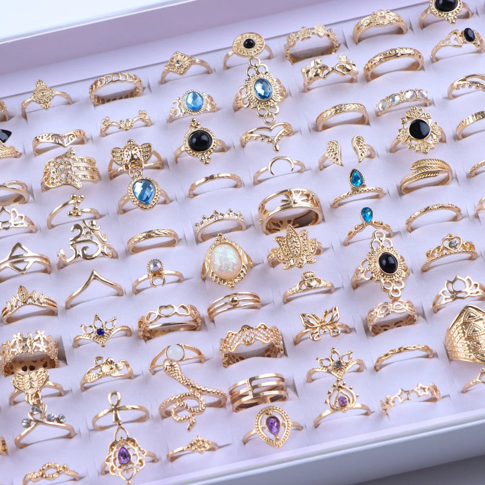 10/20/30/50/100Pcs/Lot Retro Punk Bohemian Rhinestone Carve Rings For Women Mix Style Jewelry Party Gifts Accessories Wholesale