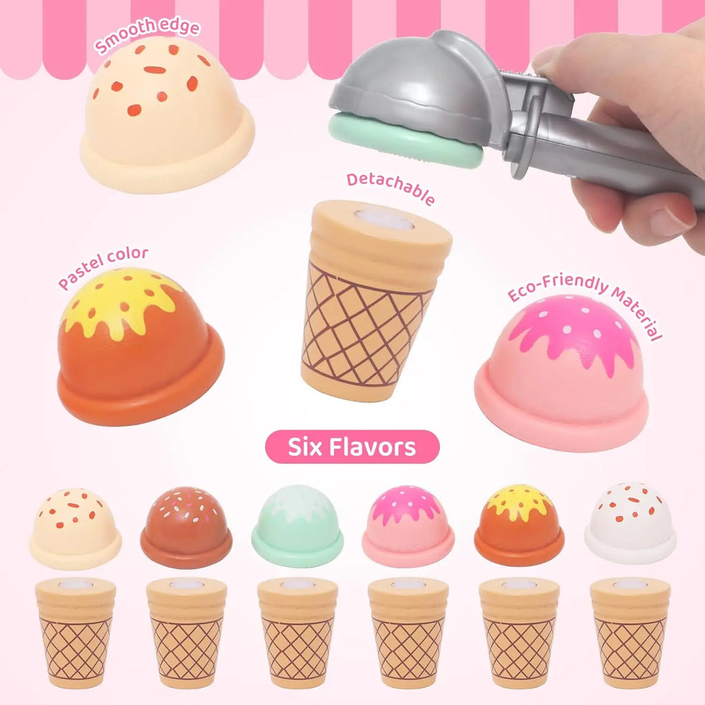 Wooden Ice Cream Toys for Toddler, Play Store Pretend Food Kitchen Accessories with Scoop & Menu & Toy Cash,Christmas Gift