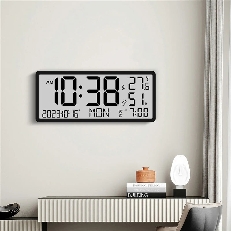 Battery Powered Large Screen LCD Digital Desktop Clock Temperature Humidity Electronic Clock Date Week Time Mute Wall Clock