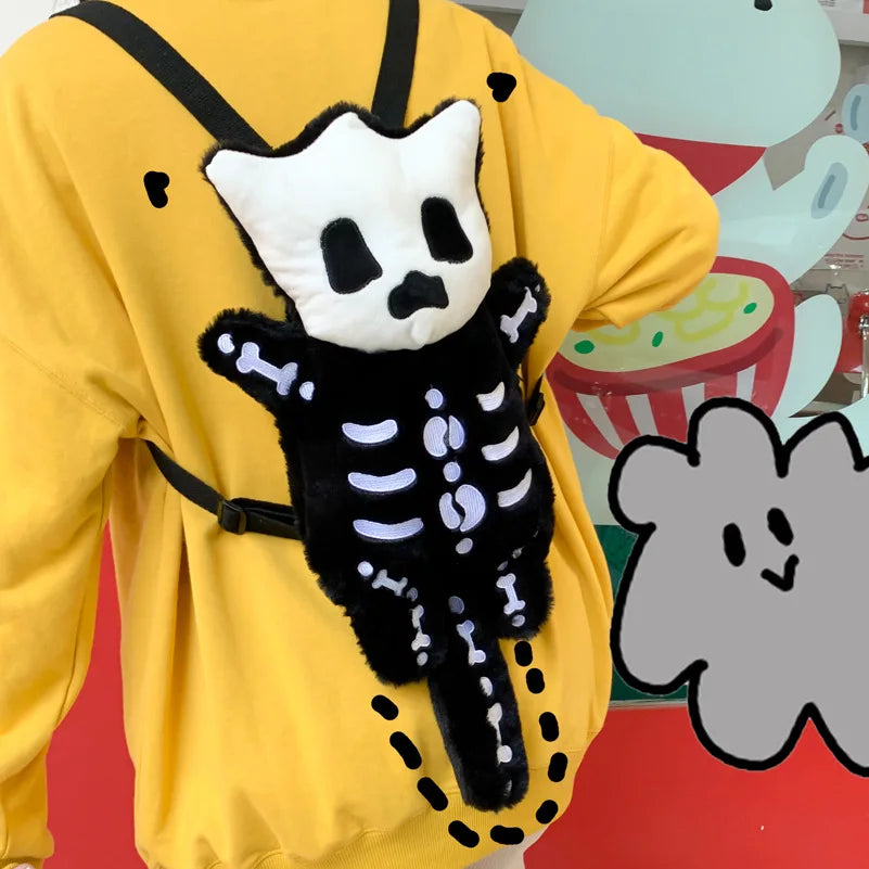 Skull Plush Backpack Gothic Water Bottle Bag Goth Doll Backpack Female Winter Furry Bag Skull Shape Bag Skeleton Birthday Gift