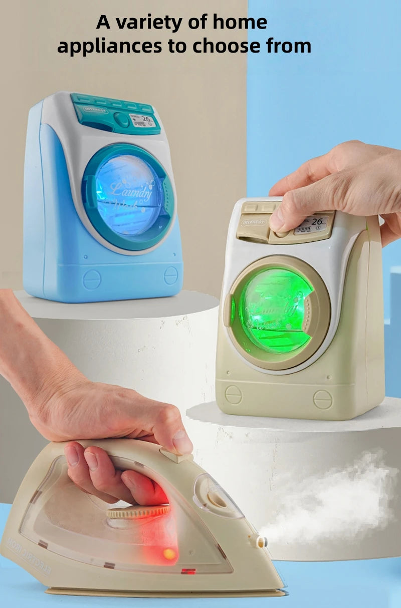 Children's simulated small household appliances, such as washing machines, vacuum cleaners, irons, juicers, and toys