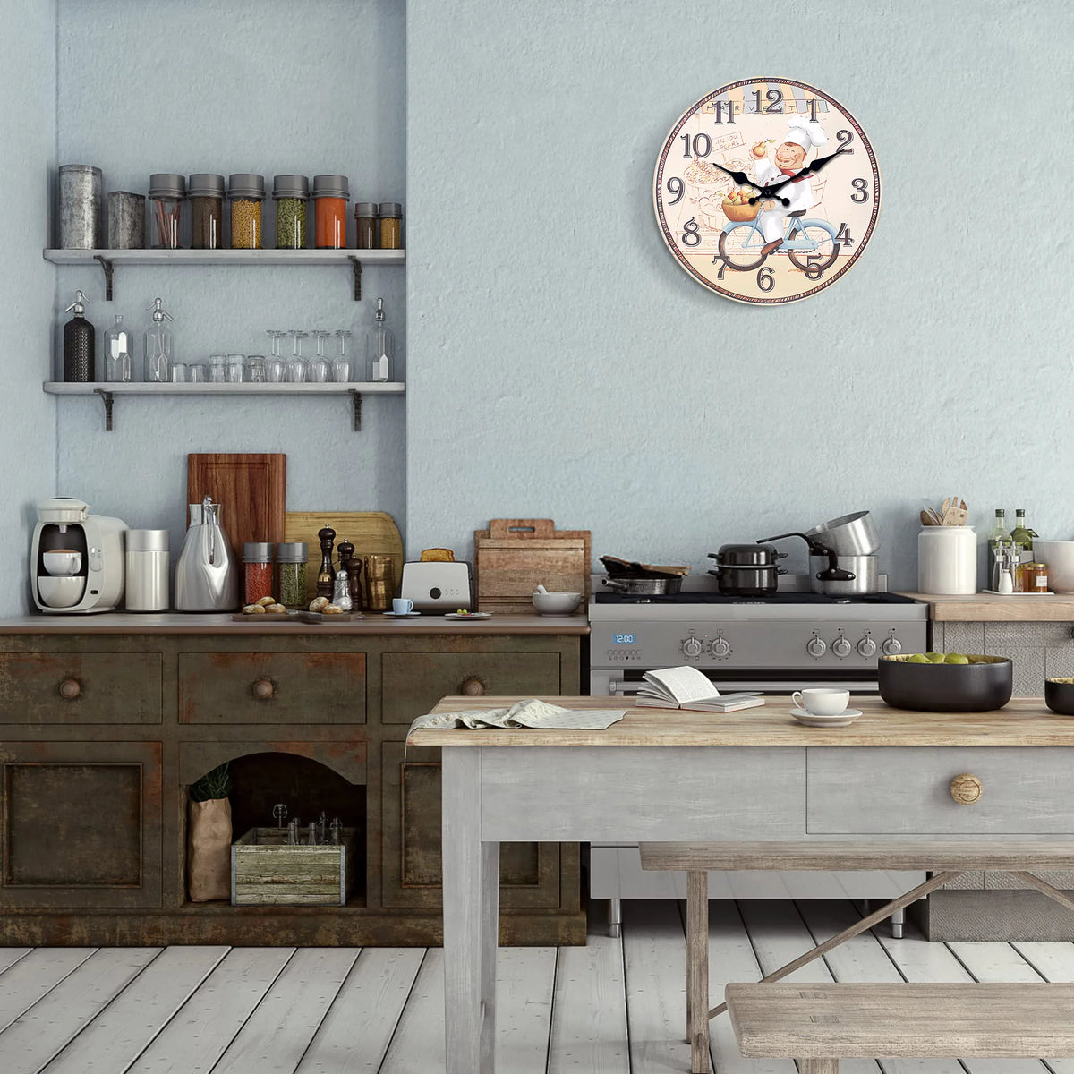 Vintage Italian Chef Riding a Bicycle Pattern Wooden Wall Clock Living Room Bedroom Kitchen Home Decor Silent Quartz Clock Holiday Gift 10 Inch 12 Inch 14inch 16inch (No Battery)