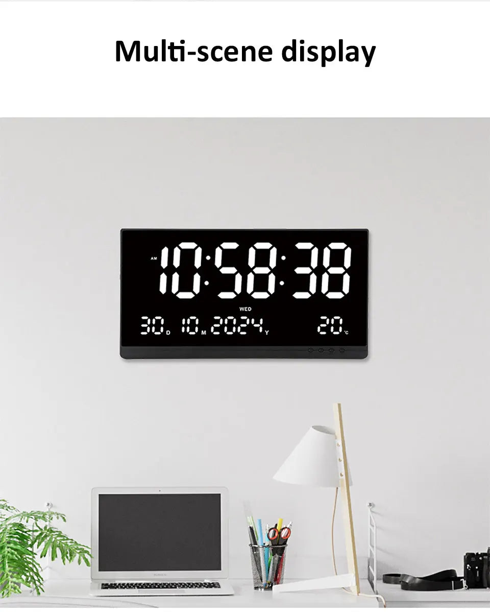 21 Inch Large Digital Wall Clock USB Powered Time Calendar 12/24H Time/Day/Month/Year/Temp Display Electronic LED Alarm Clock