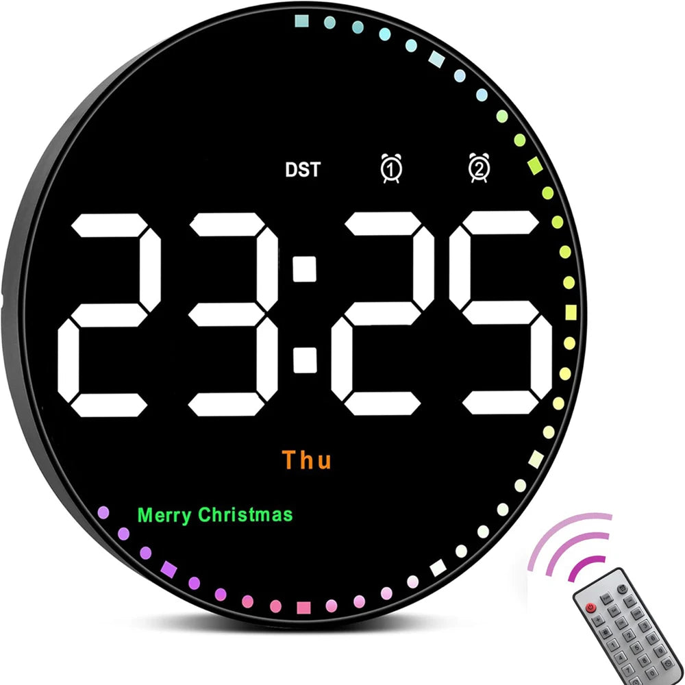LED Wall Clock with Dual Alarms, Calendar and Temperature Display for Home Decoration. Brightness Adjustable