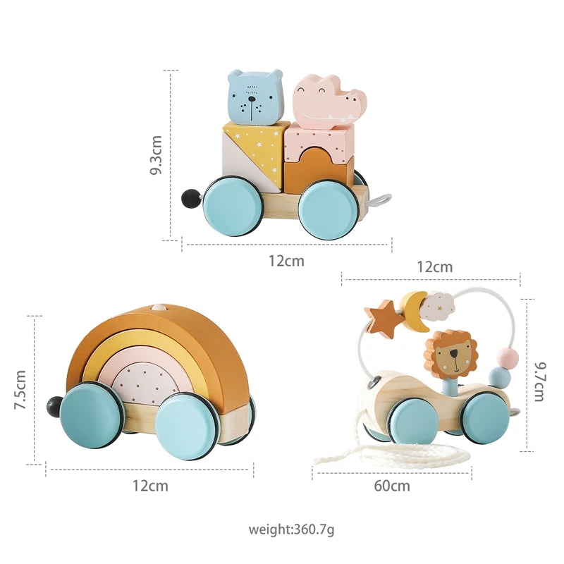 Wooden Montessori Toys Animal Block Dragging Stars Moon Surround Train  Hand Coordination Stacking Toy Handmade Decoration Gifts