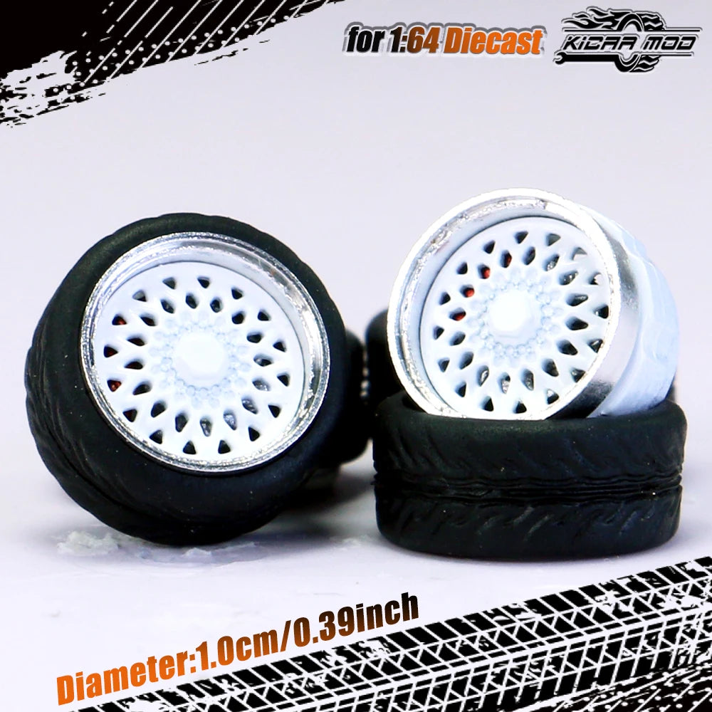 Kicarmod 1/64 Model Car ABS Wheels with Rubber Tire Brake Disc Metal Rims Diameter 10mm Refitting Parts For Model Car