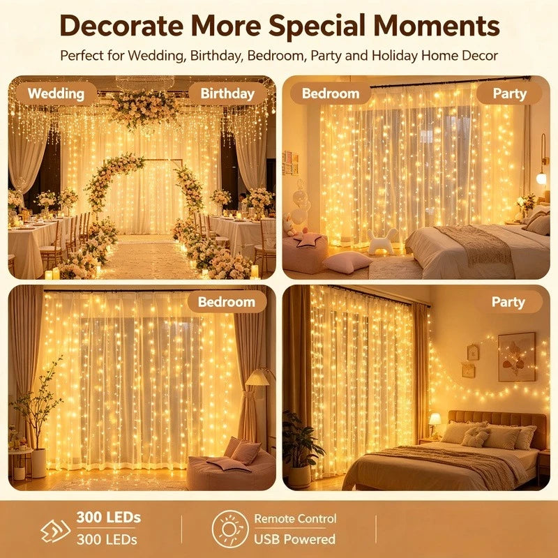 USB LED Curtain Lights with Remote Control, Christmas Fairy Lights for Wedding Birthday Bedroom Party Home Decor