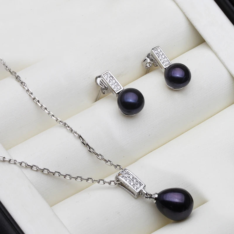 Beautiful 925 Silver Natural Freshwater Pearl Necklace and Earrings Jewelry Set For Women Wife Mother Engagement White Black