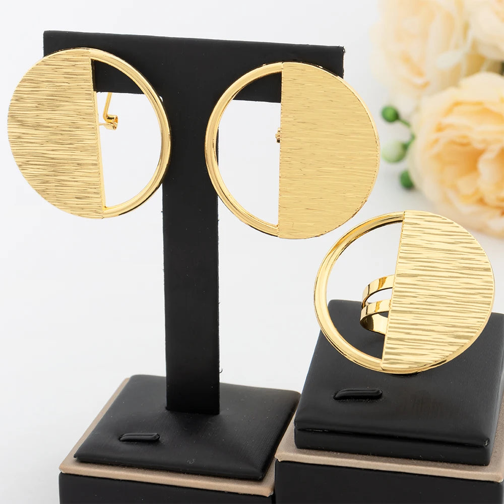 Gold Color Jewelry Set For Women Dubai Round Earrings Adjustable Ring Nigeria Bridal Jewelry Accessories Wedding Bracelet Party