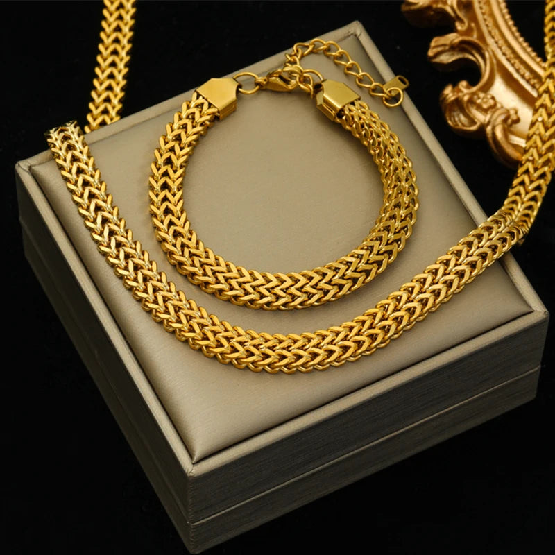 EILIECK 316L Stainless Steel Double Color Oval Necklace Bracelet Set For Women Hip-Hop Punk Twists Neck Chain Jewelry Gift
