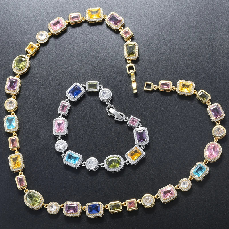 Colorful Mosaic Geometric Zircon Bracelet/Necklace Set Hip-Hop Retro Unisex Couple's 18K Gold-Plated Brass Jewelry:VL661 VL662