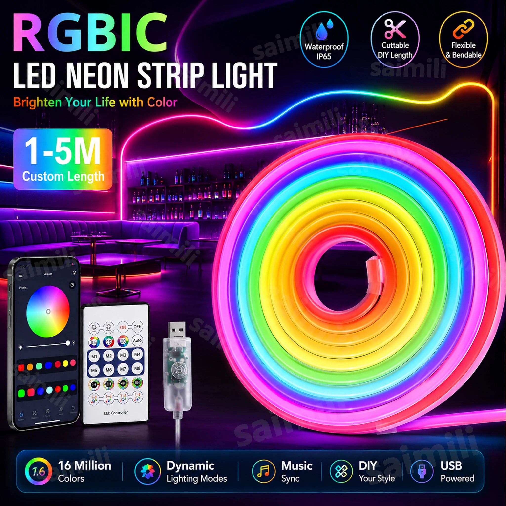 5V RGBIC Neon LED Strip Bluetooth APP Control Music Sync Dream Color Chasing Light For Home Party Holiday Wall DIY Decoration