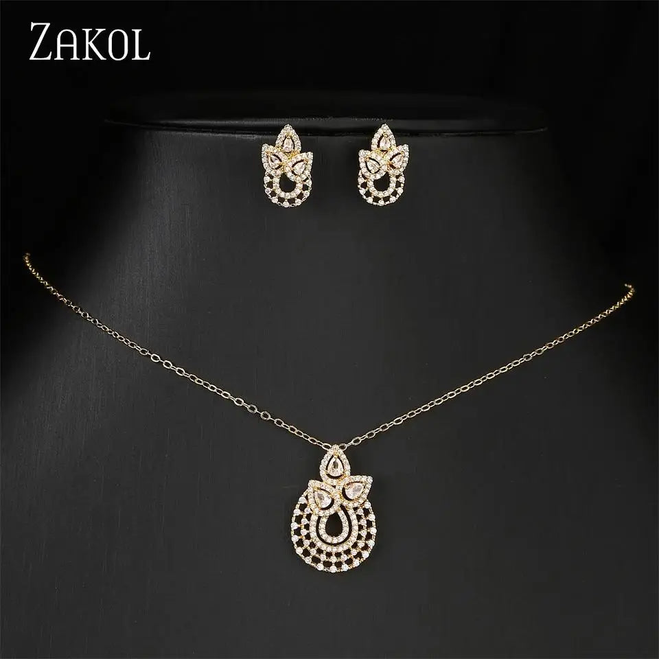 ZAKOL Luxury Retro Micro-set Zircon Women's Necklace Earrings Two-piece Set Temperament Elegant Charm Wedding Party Jewelry Sets