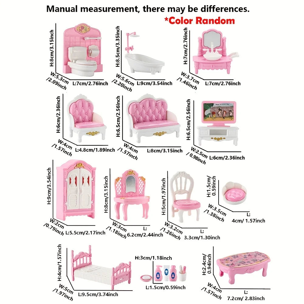 Pink Miniature Dollhouse Furniture Accessories Set Mini House Furniture Room Collection with Bedroom Living Room Kitchen Bathrom