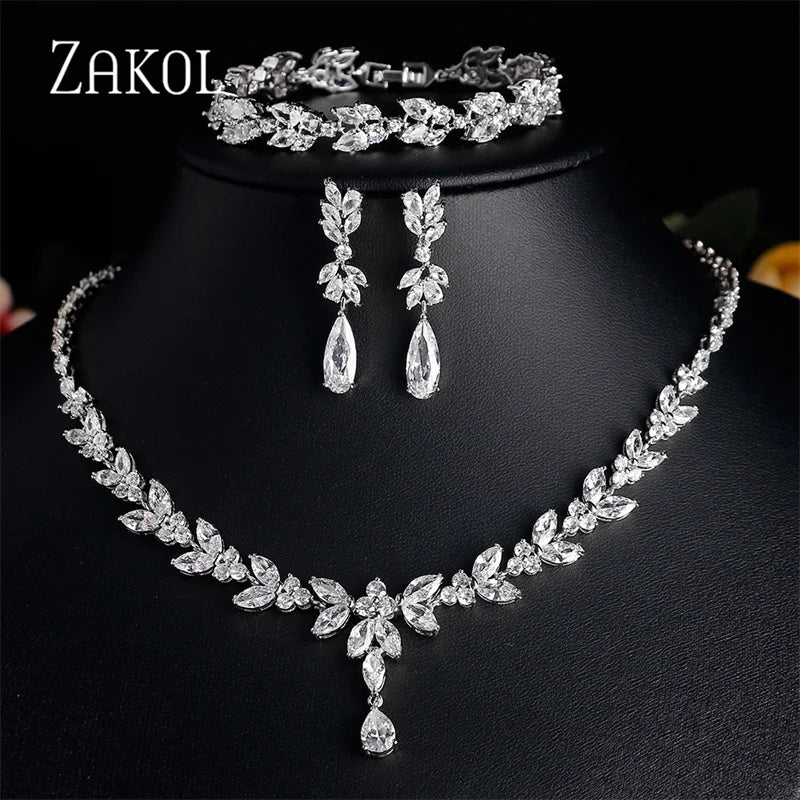 ZAKOL Luxury Brilliant Zirconia Leaf Necklace Earrings Rings Bracelets Set for Women CZ Drop Bridal Wedding Jewelry Sets New