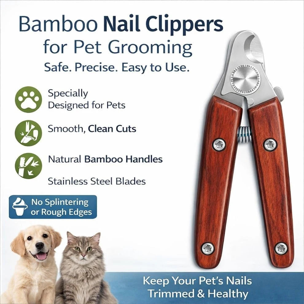 Wood Handle Pet Nail Clippers for Dogs & Cats Razor Sharp Stainless Steel Blades Ergonomic Wooden Grip Trimmer with Safety Stop
