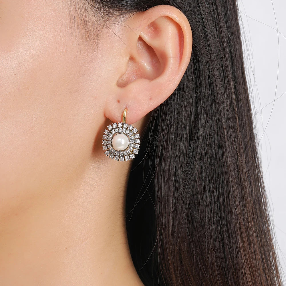 Women's Luxury Inlaid Zirconia Vintage Pearl Earrings Ring Set Copper Plated 14K Gold Fashion Jewelry Wedding Party Gift
