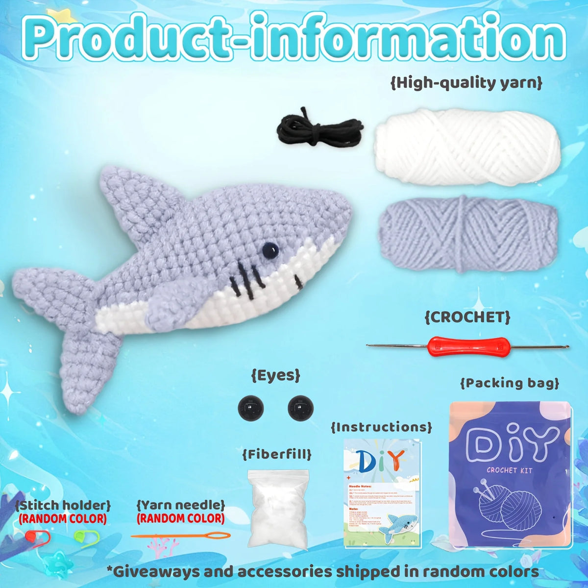 1pc Adorable Shark Amigurumi Crochet Kit for Beginners - DIY Fabric Craft with Step-by-Step Video Tutorials