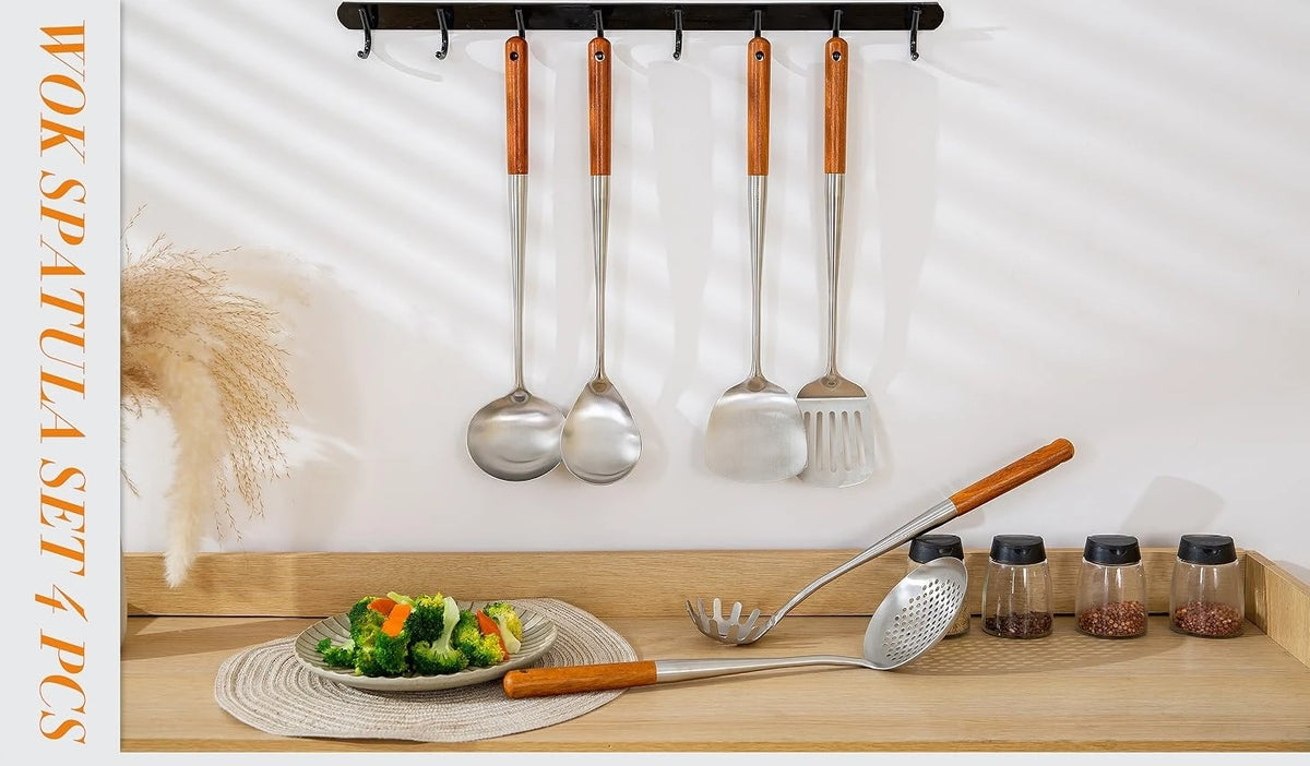 Wok Spatula and Ladle, Skimmer Spoon, Slotted Turner Spatula Set, Stainless Steel Kitchen Utensils Sets, with Wooden Handle