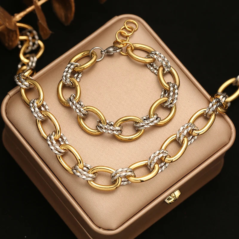 EILIECK 316L Stainless Steel Double Color Oval Necklace Bracelet Set For Women Hip-Hop Punk Twists Neck Chain Jewelry Gift