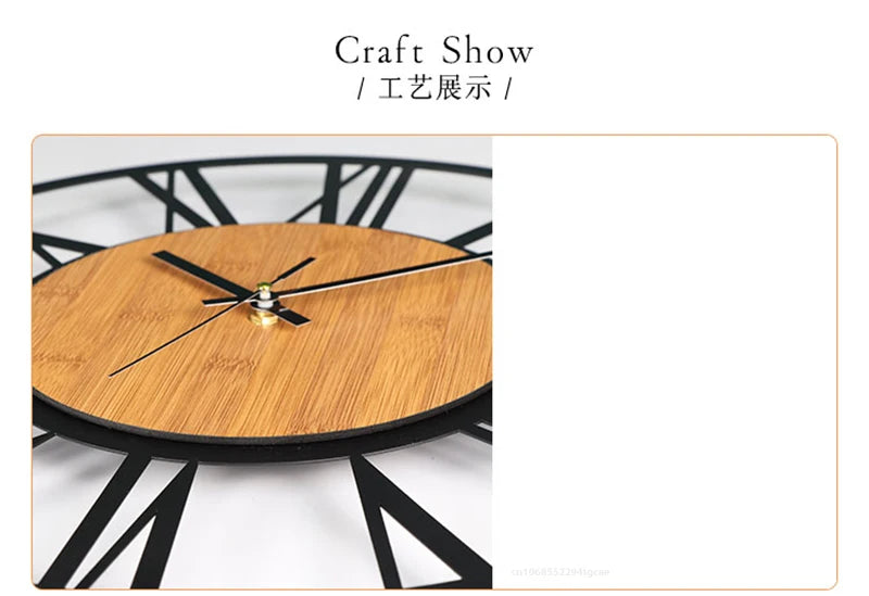 3D Large Wall Clocks Nordic Roman Numerals Retro Round Wood Metal Iron Accurate Silent Hanging Ornament Living Room Decoration
