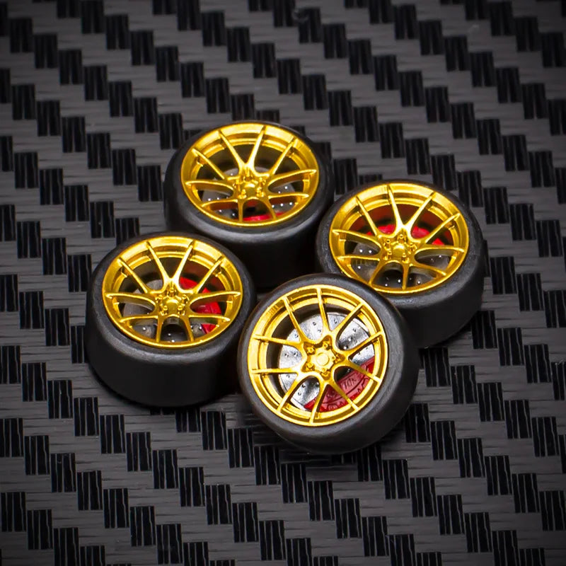 1/64 Car Model Bearing Wheels 9.8mm 10.8mm Rubber Tires W Brake Disc Caliper Axles Modify Spare Parts for 1:64 Cars