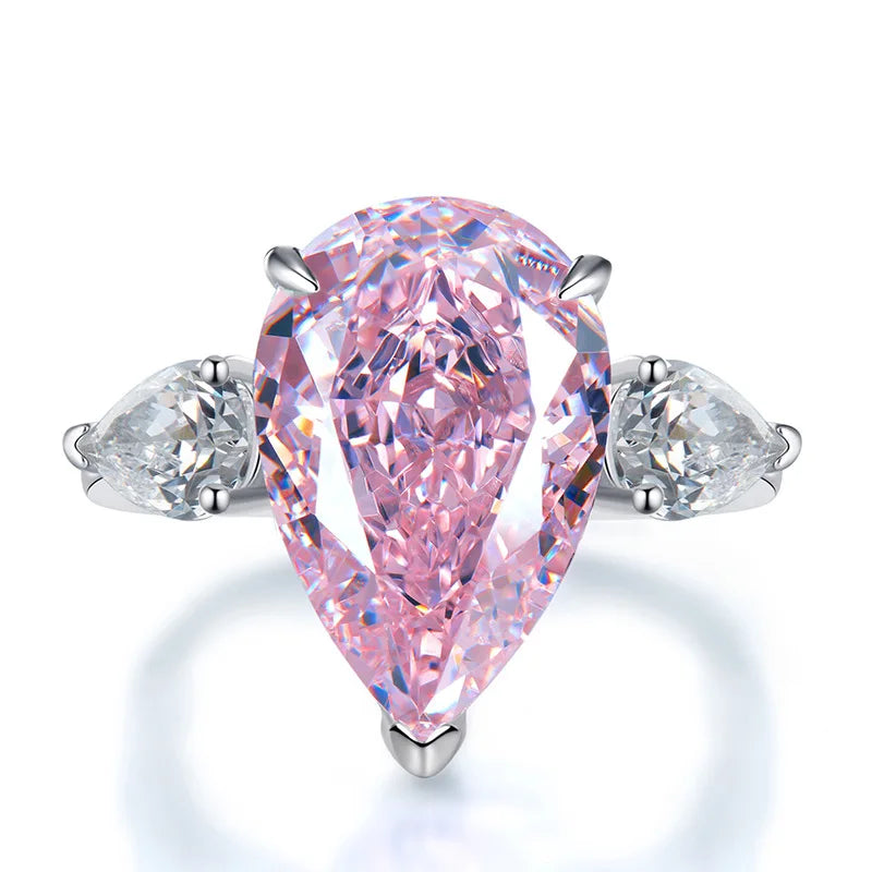 925 sterling silver European and American classic three stone water droplet ring inlaid with imported high carbon diamond