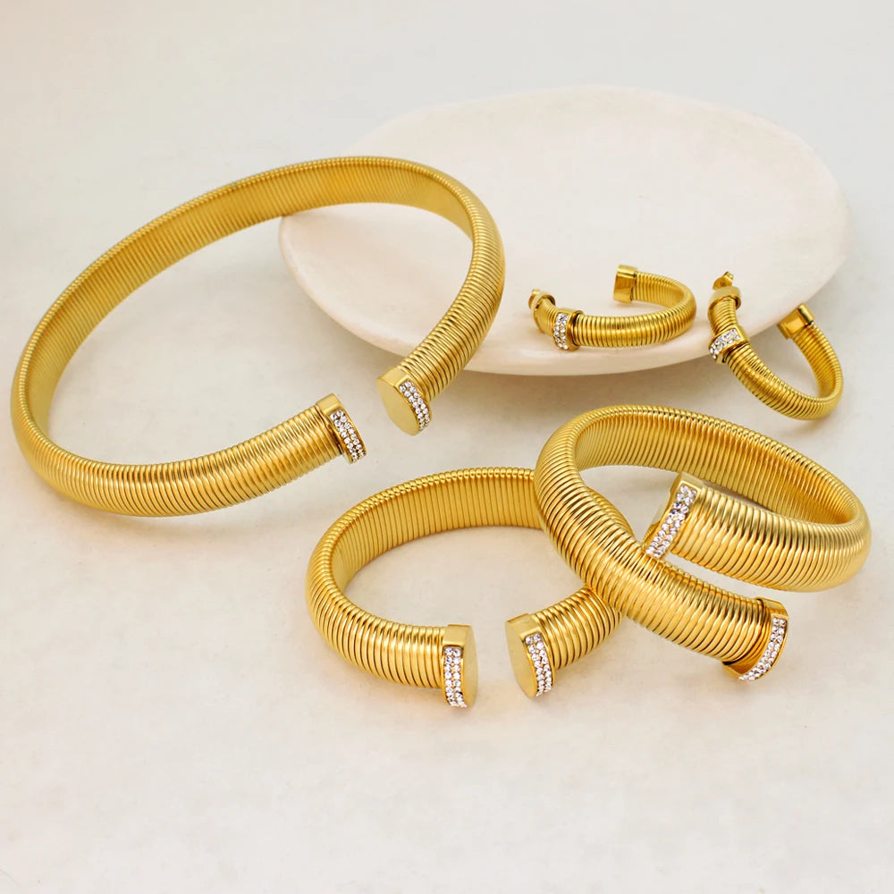 High Quality Cross Cuff Stainless Steel Jewelry Set Personalized Spiral Texture 18K Gold Plated Arm Neck Bijoux Waterproof