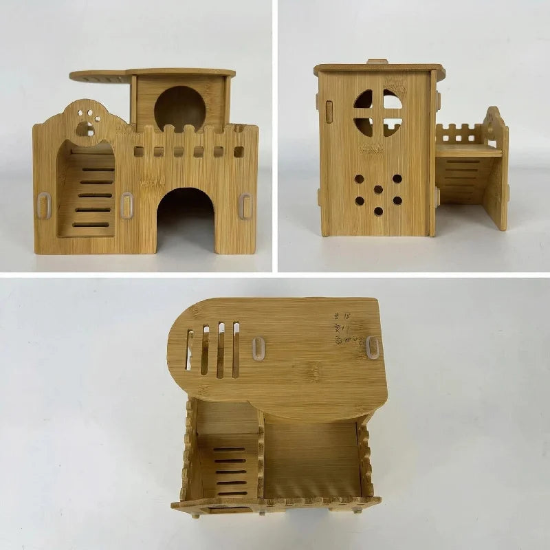 Bamboo Hamster Hideout House - All Season Winter Sleeping Nest for Golden Bear Small Pet Decor Landscape Cage Accessories