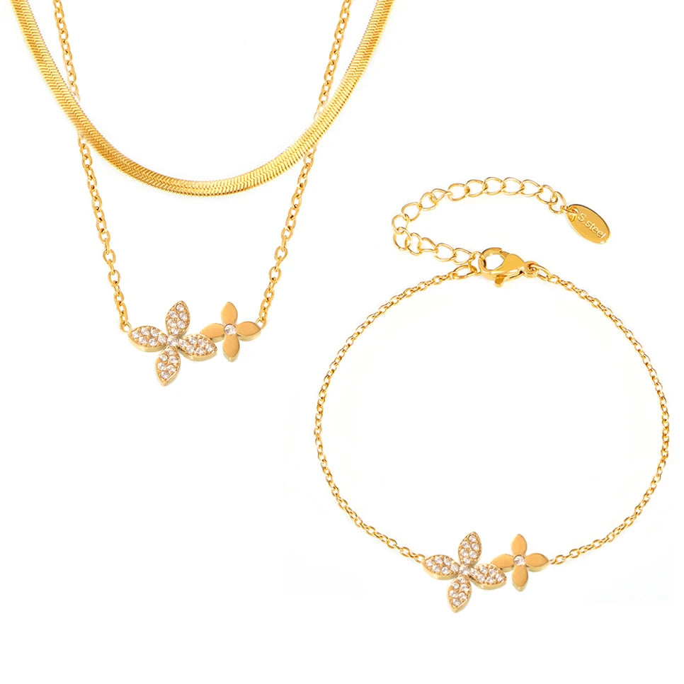 Necklace Bracelet For Women Stainless Steel Zircon Waterproof 4 Petals Flower Pendant Waterproof Chain Charm Jewelry Gift