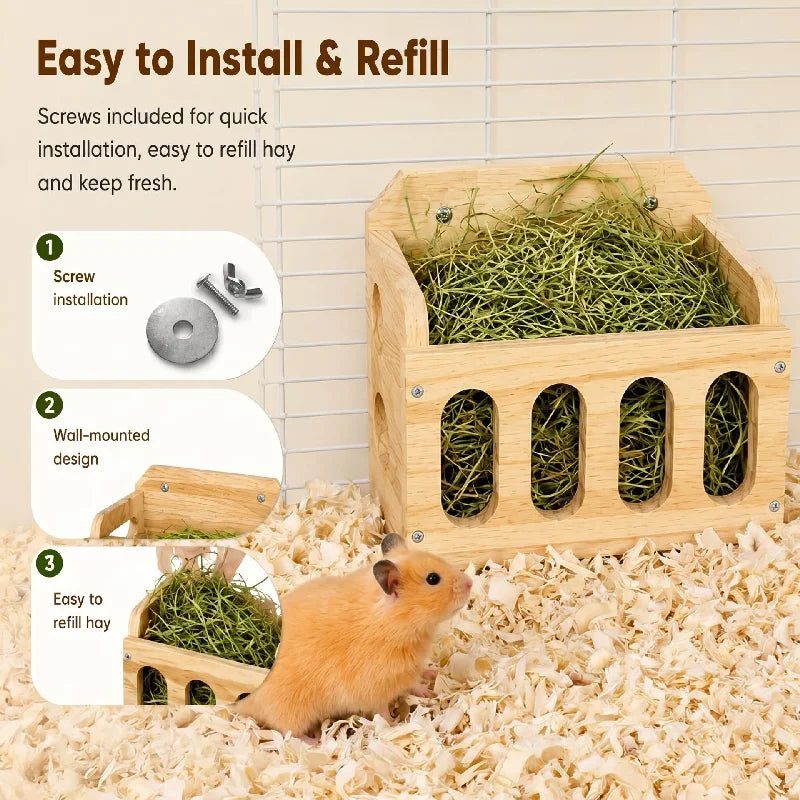 Natural Wooden Hay Feeder Rack - Hanging Guinea Pig Rabbit Feeding Grass Holder for Chinchilla Hamster Small Pet Cage Accessorie