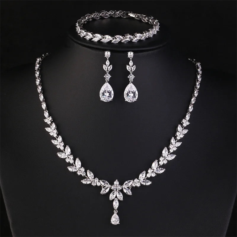 ZAKOL Luxury Cubic Zirconia Necklace Earrings Rings Set for Women Shinny Water Drop Leaf CZ Bridal Wedding Jewelry Sets