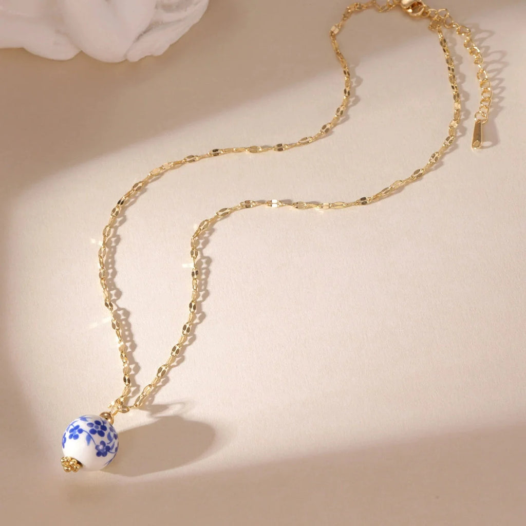 Vintage Blue Ceramic Pendant Necklace, Women's Collarbone Accessory Statement, Heart-Shaped Stainless Steel Chain Necklaces Gift