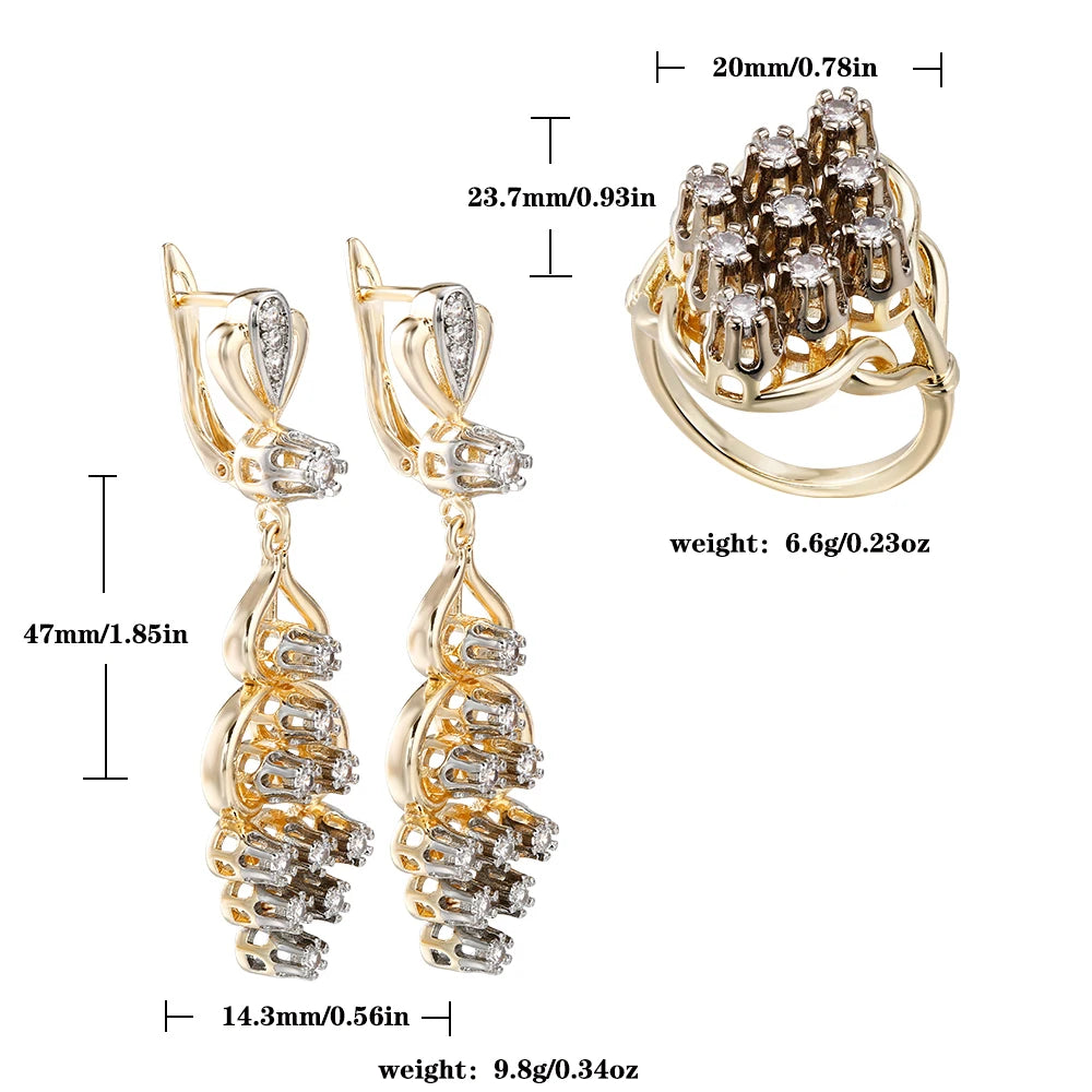 Bohemian Two-tone Zirconia Earrings and Rings Set Fashion Jewelry Copper Plated 14K Gold Party Favor Wedding Decorative Jewelry