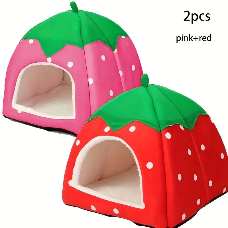 All-Season Removable and Washable Guinea Pig Rabbit Small Pet Warm Hideout VillaType Semi-Enclosed Strawberry Nest Small Pet Bed