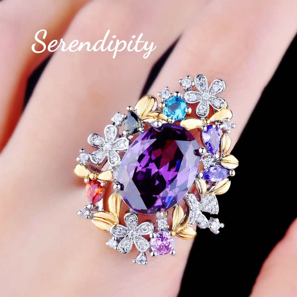 Foydjew Secret Garden Series Jewelry Luxury Flowers Design Jewelry Sets Amethyst Purple Stone Pendant Necklaces Earrings Rings